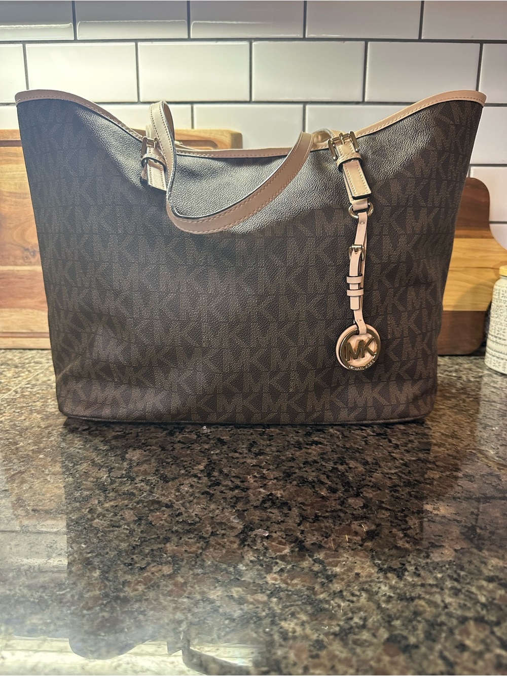 Michael Kors Brown Large Monogram Tote with Tan Trim